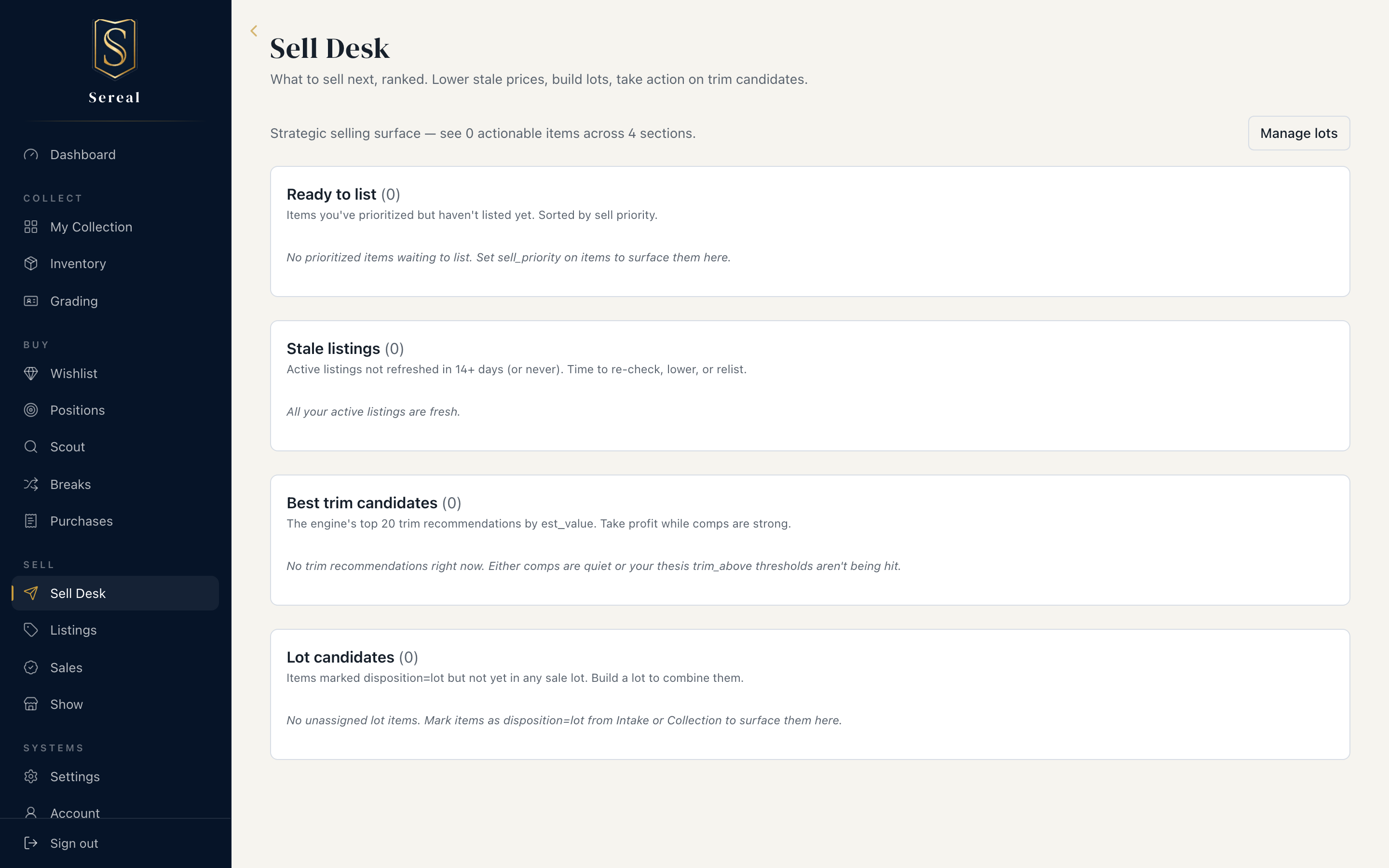 The Sell Desk ranks what to act on next across four sections — ready to list, stale listings, trim candidates, and lots. Each section populates as items reach that state, so a fresh collection starts empty.